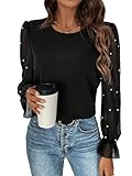 SweatyRocks Women's Pearl Sheer Long Sleeve Blouses Dressy Casual Mesh Tops Office Formal Top Black Medium