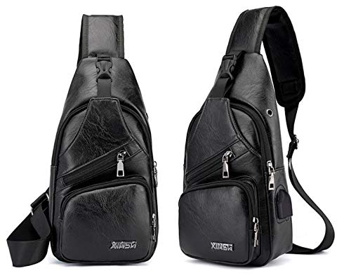 Elonglin Bolsa tiracolo masculina de couro sintético com porta de carregamento USB, Preto 1, 17*33*1