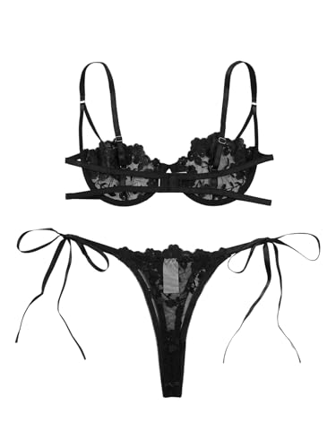 Image of Lilosy Sexy Tie Side Cute Underwire Push Up Strappy Embroidered Mesh Sheer Lingerie Set