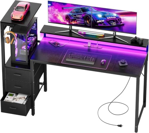 Image of HLDIRECT 60 Inch Gaming Desk with Power Outlets & LED Lights, Black