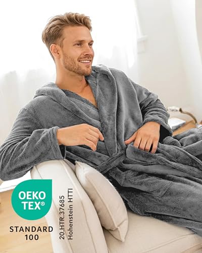 Twinzen Damen & Herren Kuschelfleece Morgenmantel mit Kapuze L - Grau - Weich, Warm & Bequem - Öko-Tex Standard 100 zertifiziert