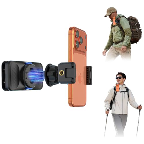 SOH Magnetic Backpack Shoulder Strap Clip Mount for Phone,Ball Head 360° Rotation Magnetic Backpack Strap Mount with Phone Clip for iphone14/15/16/17 Pro max and Most Smartphones