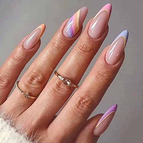 Qingge French Tip Press On Nails Short Glossy Rainbow Fake Nails Stiletto False Nails Colorful Stick On Nails With Glue Nude Summer Acrylic Nails For Women 24Pcs #TOP18