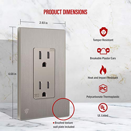 Image of ENERLITES Elite Series Decorator Receptacle Outlet Child Safe Tamper-Resistant, Gloss Finish, Self-Grounding, Residential Grade, 15A 125V Standard Electrical Wall Outlet, UL Listed, Nickel (10 Pack)