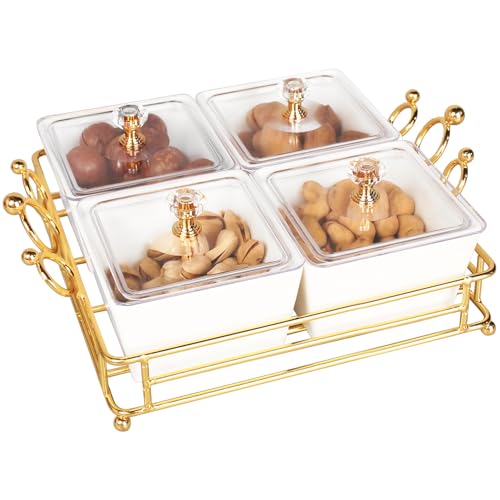 jinsongdafa Ceramic Serving Bowls with lid Metal Dishes, 4 Removable Small Bowls Relish Tray Nuts Dishes for Snack, Fruits, Sugar, Candies - for Parties, Party Gift