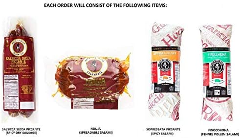 Nduja Artisans Salumeria Deluxe Salami Variety Pack Includes: Spreadable Salami Spicy, Salsiccia Secca Piccante spicy dry sausage, Sopressata piccante spicy salami, Finocchiona fennel pollen salami, 4