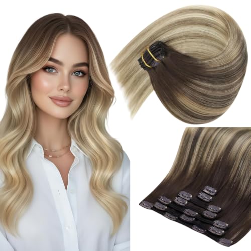 Image of Sunny Hair Clip in Hair Extensions Real Human Hair Blonde Ombre 14 Inch | Clip on Human Hair Extensions Brown Blonde, Blended Ends and Soft Layers for Formal Event with a Refined Finish 105g