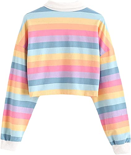 Remidoo Women's Collared Half Button Long Sleeve Striped Crop Top Sweatshirt Pink Small #TOP1
