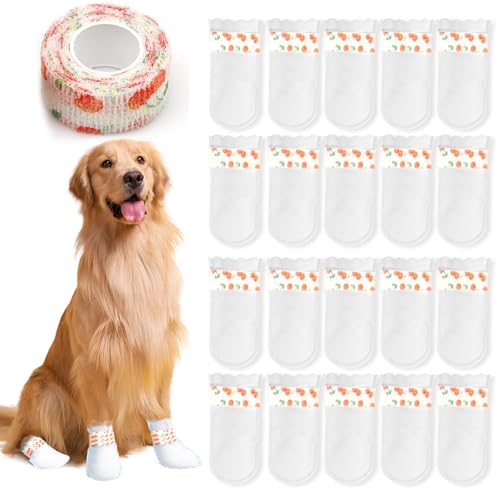 ziyue 20Pcs Disposable Dog Booties for Paw Protection Dog Feet Covers Pet Shoes for Dogs Paw Wound Recovery Protectors with 1 Roll Dogs Paw Bandage for Medium Large Breeds(Cherry, 20 Pack)