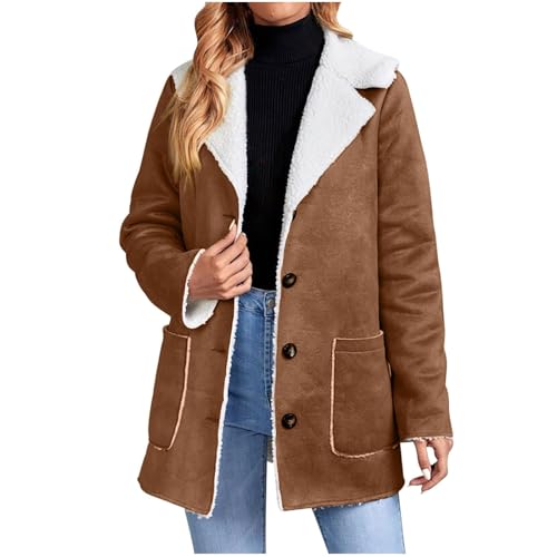 Women's Faux Suede Sherpa Trench Coat Winter Warm Lapel Outwear Sherpa Fleece Lined Jackets Plus Size Pea Coat