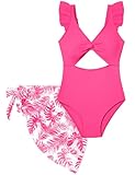 ADIRUN Girls One Piece Swimsuits Size 14-16 Cut Out Ruffle Tween Girls Swimsuits Twist V Neck Bathing Suits for Teenage Girl with Cover Up Skirt Solid Color Hot Pink 15-16 Years