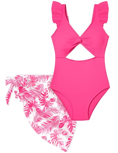 Image of Girls One Piece Swimsuit Cut Out Ruffle Bathing Suit Twist V Neck Swimwear Solid Color with Cover Up Skirt 9-16T