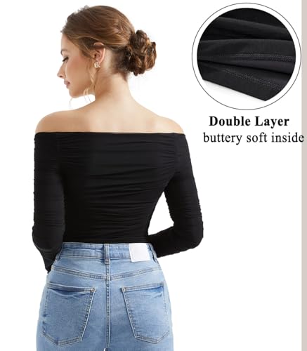 OMKAGI Women Long Sleeve Tops Boat Neck Off Shoulder Shirts Fitted Going Out Y2K Crop Top2