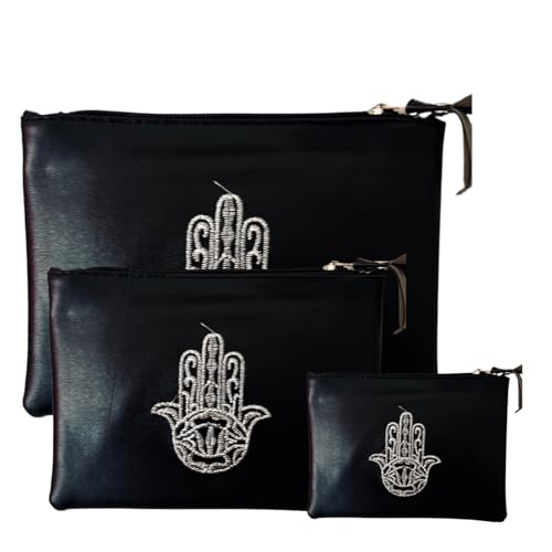 Lot de 3 : Trousses maguillage Femme côtelé à Fermeture éclair en Cuir Synthétique, Artisanat du Maroc, Grande, Moyenne et Petite Trousse, Porte Monnaie...