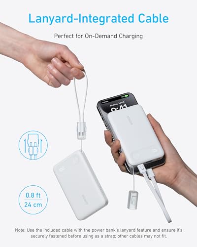 Image of Anker Power Bank, 10,000mAh Portable Charger with Built-in USB-C Cable and Lanyard, 22.5W Max Output with 2 USB-C and 1 USB-A Port, Battery Pack for iPhone 15 /14, Galaxy S23, iPad, AirPods, and More