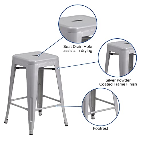 Flash Furniture 4 Pack Commercial Grade 24" High Backless Silver Metal Indoor-Outdoor Counter Height Stool With Square Seat #TOP5