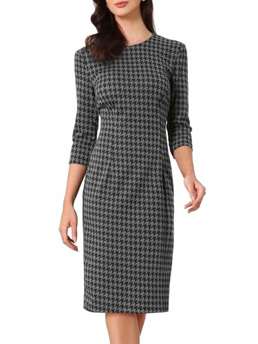 Allegra K Vintage Houndstooth Dress for Women's Elegant 3/4 Sleeve Bodycon Work Dresses