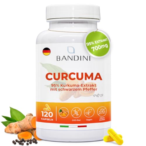 Bandini® Curcuma 700 mg Kurkuma pro Kapsel aus 95{29bec5a6b3bb039fdcace00d4b4216c33c60b03385447cb8b2887fbb1962afff} Kurkuma-Extrakt — Curcumingehalt EINER Kapsel entspricht 10.000 mg – mit Piperin | 120 Kapseln, 1 Kapsel/Tag für 4 Monate Bandini® Curcuma 700 mg Kurkuma pro Kapsel aus 95{29bec5a6b3bb039fdcace00d4b4216c33c60b03385447cb8b2887fbb1962afff} Kurkuma-Extrakt — Curcumingehalt EINER Kapsel entspricht 10.000 mg – mit Piperin | 120 Kapseln, 1 Kapsel/Tag für 4 Monate