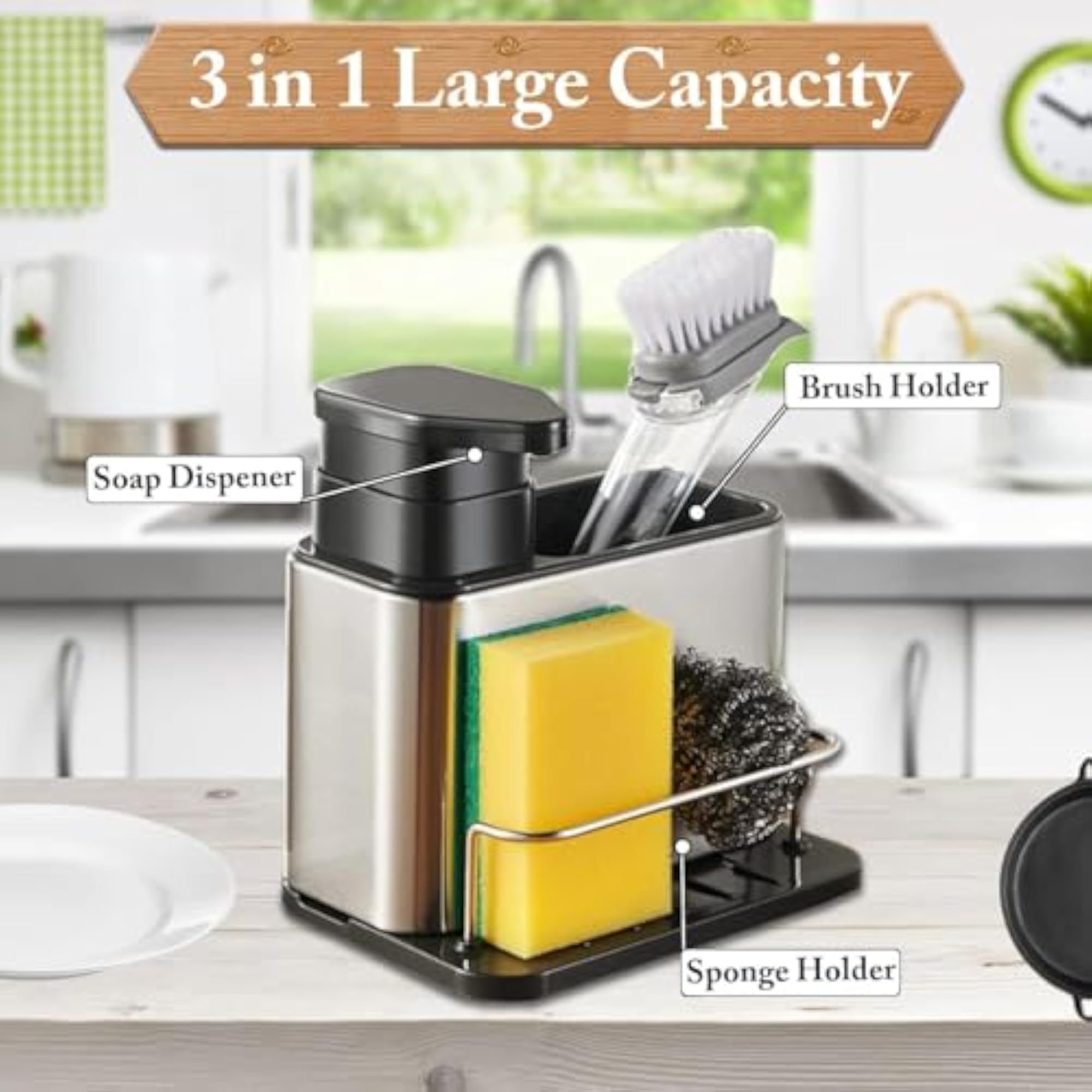 Stainless Steel 3-in-1 Kitchen Sink Organizer with Soap Dispenser