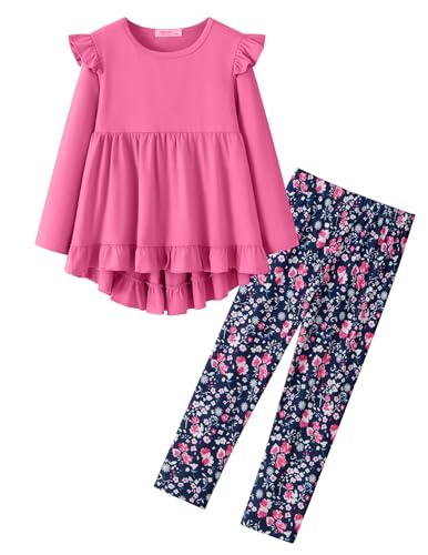 Image of Yekaty Girls Clothes Ruffle Shoulder High Low Hem Long Sleeve Top and Floral Pants 2 Piece Fall Outfits Clothing Set