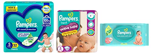 Image of Pampers All round Protection Pants, (S) 32 Count & Pampers Active Baby Taped Diapers, Small size diapers, (S) 22 count, taped style custom fit & Pampers Baby Aloe Wipes with Lid, 72 Wipes