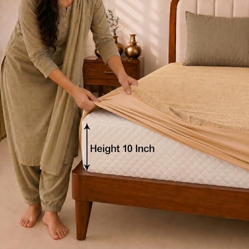 Image of Glassiano Cotton Feel Terry Ultra Soft Waterproof Mattress Protector | Breathable - Hypoallergenic Mattresses Cover with Elastic Strap for King Bed (72x84 inch|6x7 feet, Beige - Pack of 1)