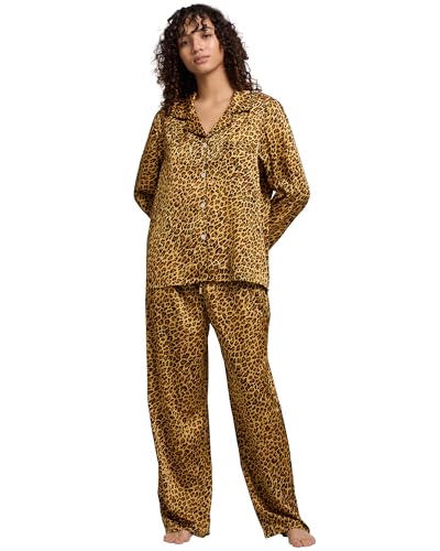 Image of YiNi LuLu Womens Silk Satin Pajamas Set Button Down 2 Piece Pjs Long Sleeve Oversized Sleepwear with Pockets