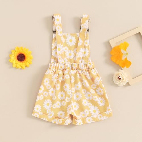 Image of Ayalinggo Toddler Baby Girl Sunflower Print Overalls Shorts with Pocket Suspender Trousers Cute Summer Clothing Outfit