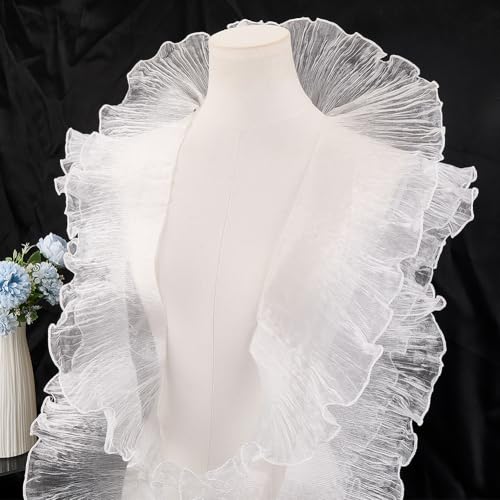 GORGECRAFT 9 m X 12.7cm Ribete de Encaje con Volantes Plisados Blancos Tela de Tul de Organza Borde de Encaje Retro Apliques Decorativos para Coser Vestidos Bodas Disfraces Cortinas de Tartas Manualid