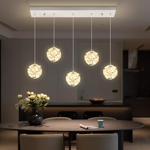 ykolupty 5-Lights Crystal Globe Pendant Light Kitchen Island Silver Linear Chandeliers for Dining Room,LED Dimmable Globe Chandelier for Kitchen Living Room Foyer
