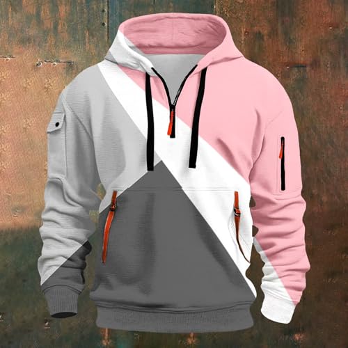Men's Color Block Hoodie Sweatshirt Quarter Zip Long Sleeve Drawstring Hooded Shirt Urban Exploration Casual Blouse Plus Size2
