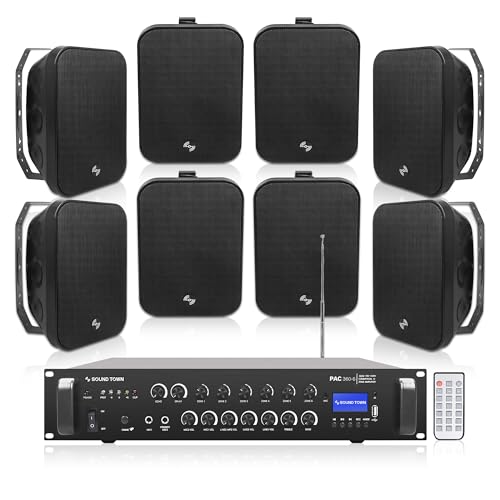 Sound Town Commercial Restaurant Bluetooth Amplifier + Surface-Mount Speaker Set, with One 6-Zone 70V/100V Amplifier with Bluetooth, 8 x 6.5-Inch Surface-Mount Speakers, Black (PAC360X8MS6B)