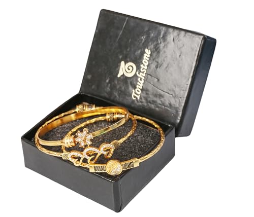 Image of Touchstone Indian Bollywood Handcrafted Engraved Etched Floral Round Rhinestones Cubic Zirconia CZ Designer Jewelry Openable Elegant Gold Plated Bracelets Combos for Women