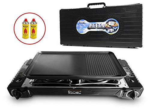 RSonic Deluxe Chrome Portable Double Gas Cooker with Grill Plate and Carry Case