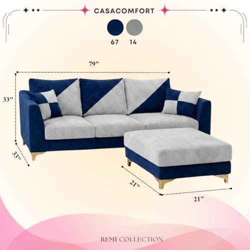 Image of Juliet Rich 4 Seater L Shape Sofa Set with Movable Ottomans | Flexible Layout | Velvet Suede Fabric | Golden Aesthetic Legs | Dual Tone Modern Sofa for Living Room (Dark Blue-Light Grey)
