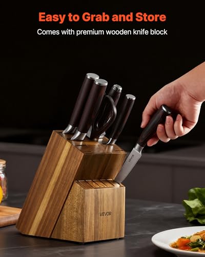 Image of VEVOR Kitchen Knife Set with Block and Sharpener, 15 Piece High Carbon Stainless Steel Knife Set, Rust-Resistant Kitchen Cutlery with Ergonomic Handle, Sharpening Rod & Premium Wooden Block, for Home