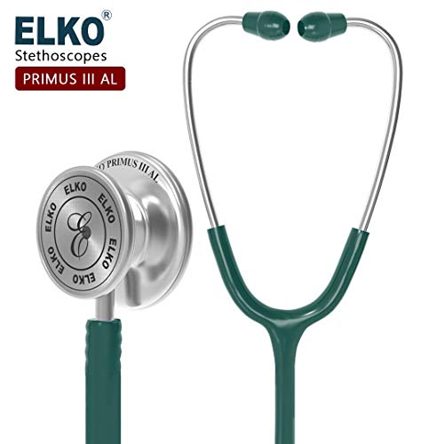 Image of ELKO EL-160 Primus III AL Aluminum Head Stethoscope For Doctors and Medical Students | Double Sided Chest Piece For Adult & Pediatric Patients | U-Shaped PVC Tubing | Soft Sealing Ear Knobs (Green)