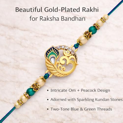 Image of Riddhika Ventures Alluring Gold Plated Om and Pearl Rakhi with Roli Chawal & Greeting Card for Men (P8)