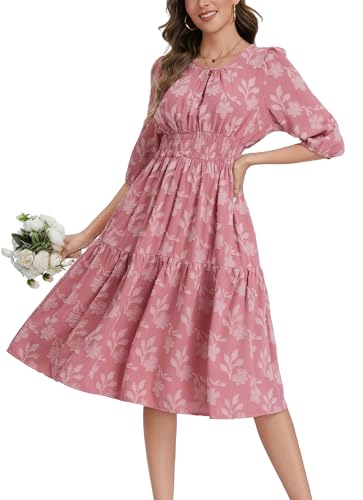 Image of Kormei Women Casual Boho Floral Round Neck 3 /4 Sleeve Smocked Waist Tiered A Line Flowy Swing Midi Dress Long Dresses