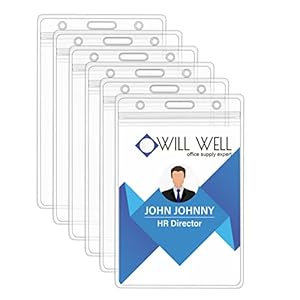 Will Well ID Badge Holders with Holes for Lanyards and Keyrings – Vertical Clear Plastic 2.5″ x 3.7″ Inner Size Sleeves Fit Up to 3 Cards, 0.8mm Thick Waterproof Resealable Zip Type – 6-Pack