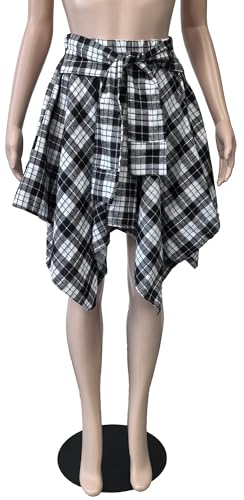 Womens Plaid Skirts Elastic High Waist Tie Front Asymmetrical Hem Pleated Mini Skirt3