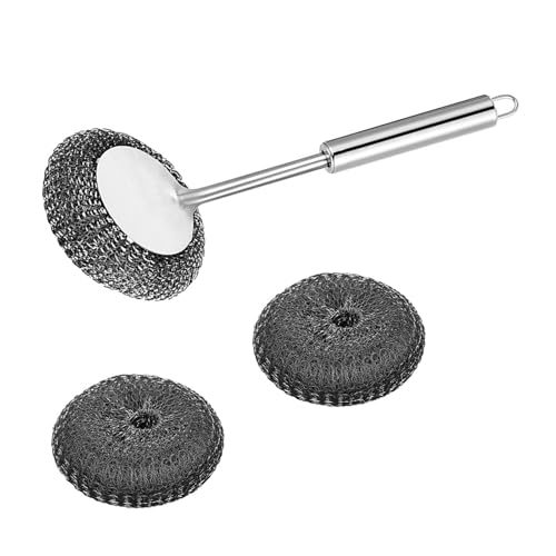DOSERTY Juego de cepillos de limpieza de acero inoxidable con mango largo para limpieza de cocina, ollas, sartenes, parrillas, esponjas de metal