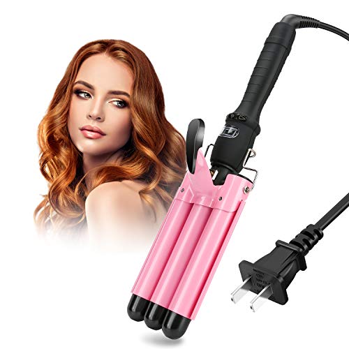 BestFire 3 Barrel Curling Iron Wand 1 Inch Hair Crimper with LCD Temp Display, Ceramic Tourmaline Hair Curler, Temperature Adjustable Hair Waver Curling Iron Heats Up Quickly for Women Girl, Pink
