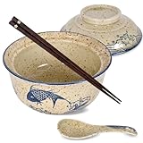 DEARBAG Juego de Cuenco de Ramen, Tazones Ramen de Cerámica de 800 ml con Tapa Palillos y Cucharas, Ramens Bowl de Cerámica, para Udon, Soba, Fideos, Ensaladas y Sopas (Pescado, 1PCS)