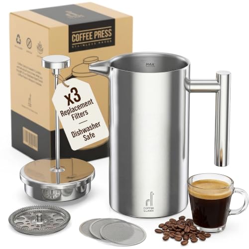 Coffee Llama French Press | 1 Litre | 8 Cups Cafetiere Doubled Walled Portable Stainless Steel Coffee Press for Home Travel & Camping with 3 Extra Filters