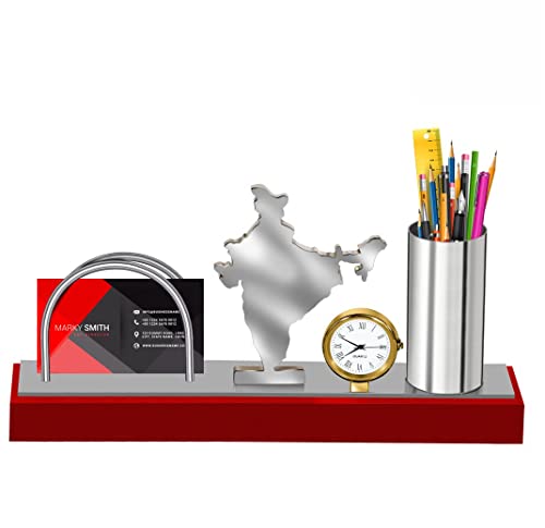 Gaba Time metal decorative pen stand, cardholder, clock stand with India map showpiece for office and home decor
