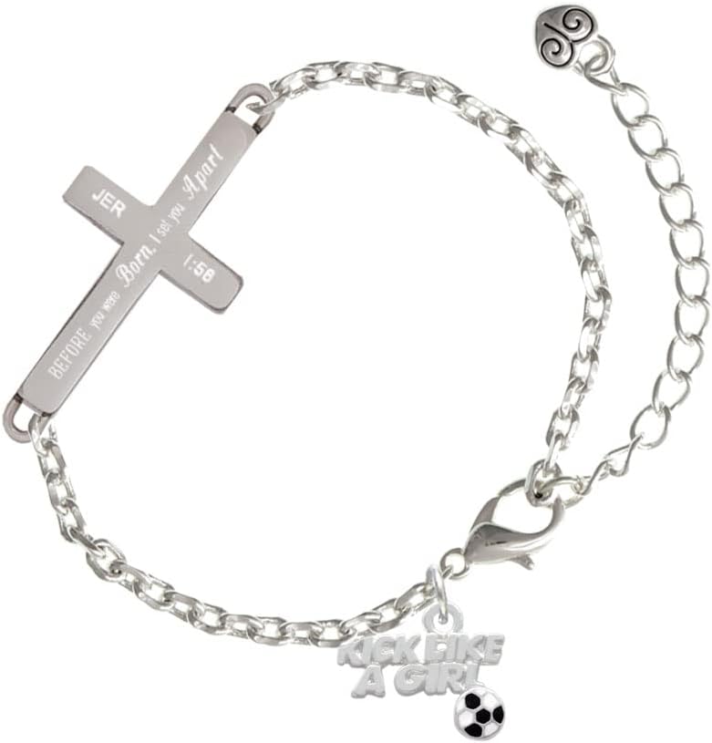 Delight Jewelry Silvertone Kick Like a Girl with Enamel Soccer Ball I Set You Apart Engraved Cross Charm Bracelet, 6.5+1.5" Extender