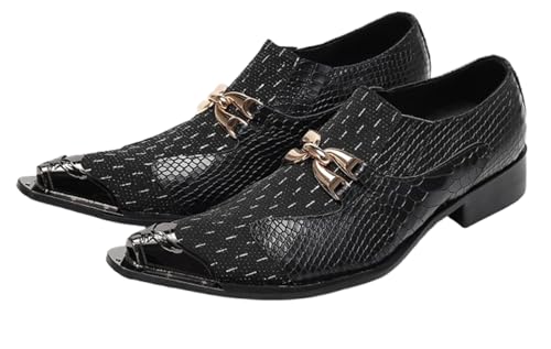 Santimon Men’s Slip-On Dress Loafers with Gold Chain & Metal Toe – Mixed-Texture Crocodile Embossed Leather Wedding Party Disco Bar Shoes