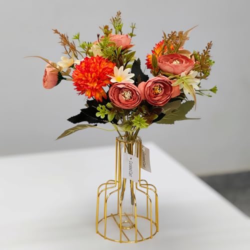 Image of CURATED CART Artificial Flowers 2 Bunches - 9 Mixed Flower Heads Each - Roses, Daisies & Chrysanthemums - Faux Flowers for Vases, Home Decor, Office, Parties (Orange) (No Vase)