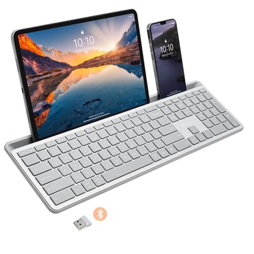 X9 Full-Size Bluetooth Keyboard with Phone Holder – Backlit Wireless Keyboard, Switch Multi-Device, Slim, Quiet, Rechargeable, w/Copilot AI for PC, Mac, iOS & Android (Silver)